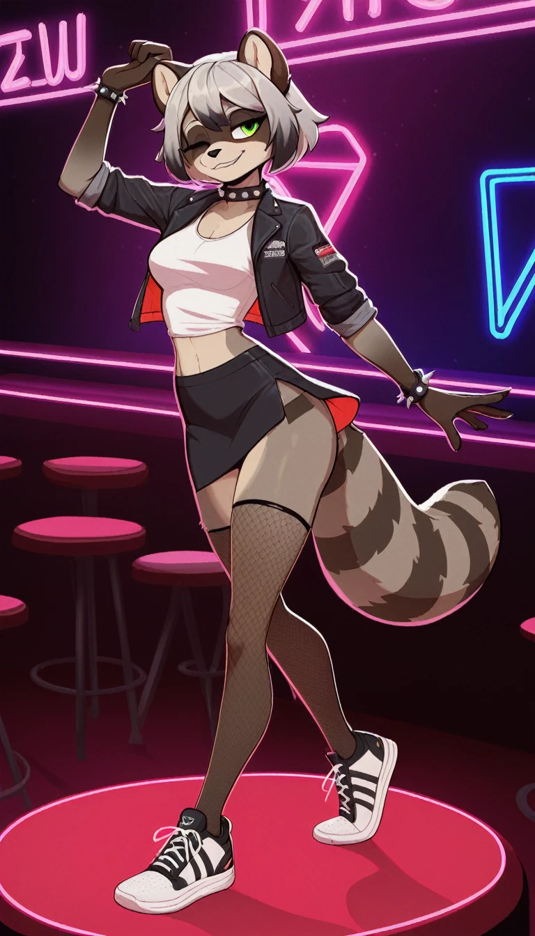 Half-closed eyes, tired expression, 1girl, anthro, furry, fur, fluffy fur, raccoon girl, nightclub background, white hair (gray highlights), green eyes, short hair, full body, (19 years), medium breast, thicc thighs, solo, (nightclub), neon lights, detailed, black jacket, white shirt, black skirt, excited smile, fishnet stockings, sport shoes, one closed eye, spiked wristband, spiked collar, dancing, score_9, score_8_up, score_7_up, score_6_up, score_5_up, score_4_up