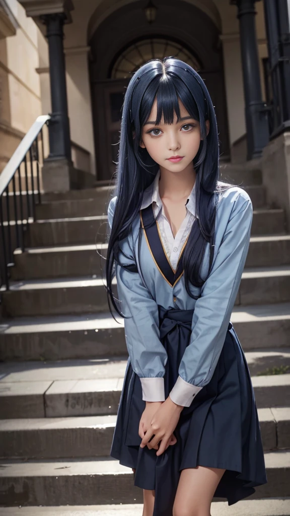 (girl standing on school steps),1 girl, Dark blue hair, Bangs, Long hair, Bright Eyes, Long eyelashes, compensate, A faint smile, Written border depth, one person&#39;point oF view, closure, From below, Wide Angle, F/1.8, 135 mm, Canon, nffsw, Retina, On the table, precise, Anatomically correct, Rough skin, Very detailed, Advanced Details, high quality, 最high quality, high resolution, 1080P, 4K, 8K,(学校の階段を上るschoolgirl),46ポイントの斜めBangs,schoolgirl、((uniform: White suit jacket with badge on chest))、Translucent White Shirt、(Red bow tie)、（( Bright colors,Check stripes)（）、laughter,((Skirt fluttering in the wind)),((White lace is exposed))、
