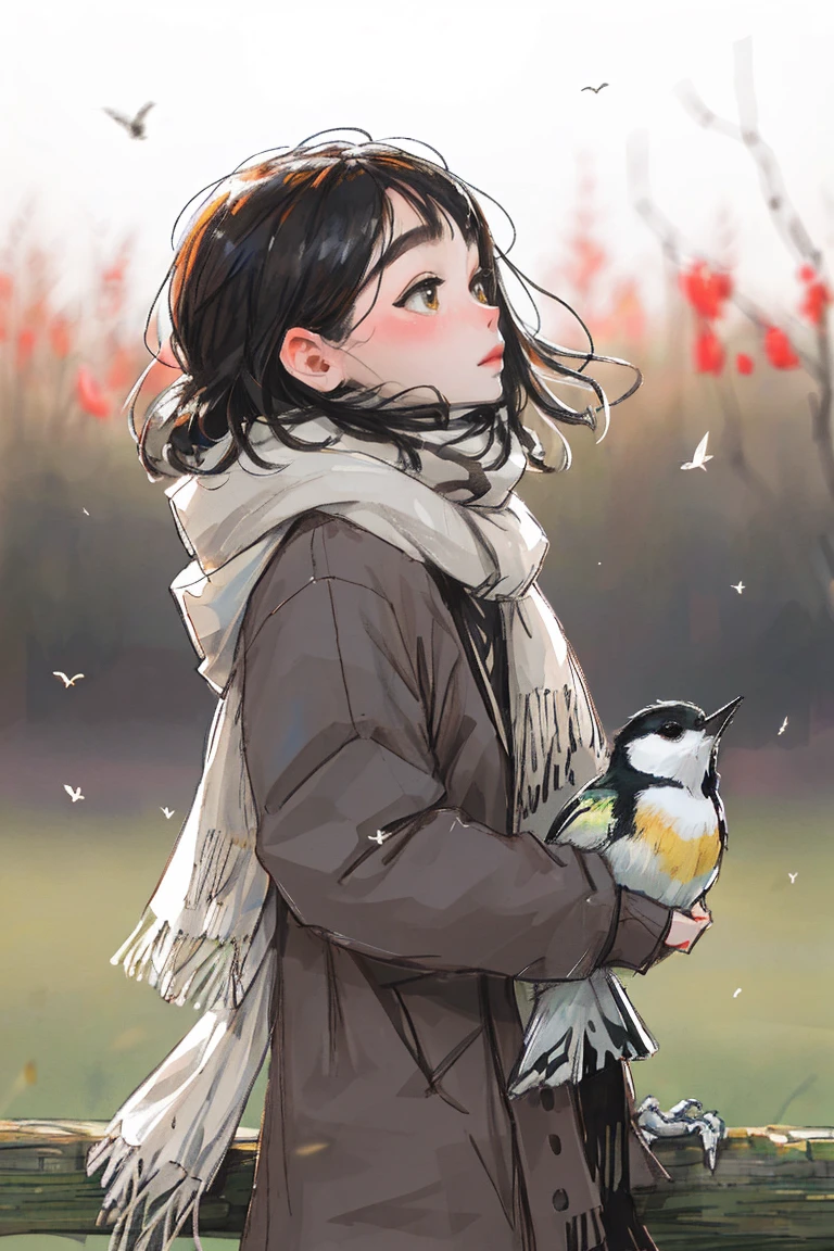 same, One girl, bird, Brown Eyes, Black Hair, Blurred, Blurred background, hazakura, lips, long-tailed Great tit, look up, Medium Hair, profile, scarf, alone, Great tit (bird) , ((masterpiece