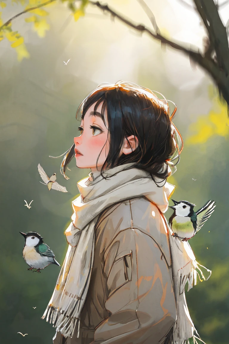 same, One girl, bird, Brown Eyes, Black Hair, Blurred, Blurred background, hazakura, lips, long-tailed Great tit, look up, Medium Hair, profile, scarf, alone, Great tit (bird) , ((masterpiece