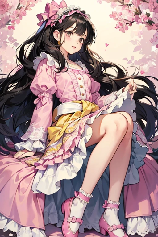 Beauty is a fair skinned girl with dark pink cheeks and ebony hair. Her hair is worn down and flipped at the end. She wears a large dark pink bow on the top of her head that holds back a small tuft of her hair.
She wears a dark yellow dress with a deep pink shawl that meets up at the top and is used for the sleeves. White trimming accents the shawl and the dress. Across her waist is a white belt that has a repeating apple core pattern print. Underneath the dress is a layer of stiff tulle. Her shoes are pink Mary Janes with white soles and yellow bows on the toes. Underneath her shoes, she wears white ankle socks with a frilly trim. SPARKLE; GLITTER;