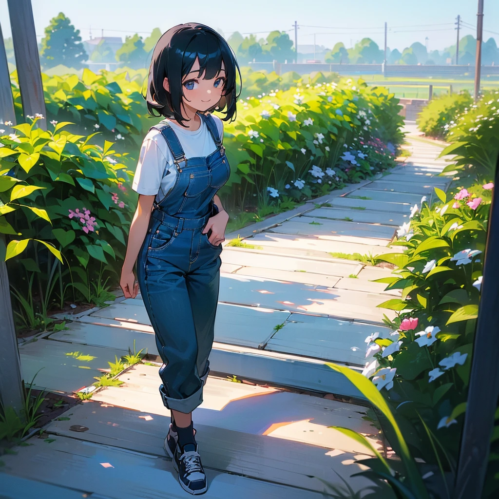 (high quality, High resolution, Very detailed, reality:1.37), Peaceful atmosphere, (Outdoor, garden), age girl standing alone, (my breasts are big.), Beautiful details, Cute Smile, (Black bob hair), Short sleeve shirt, Overalls, Blue socks, sneakers.