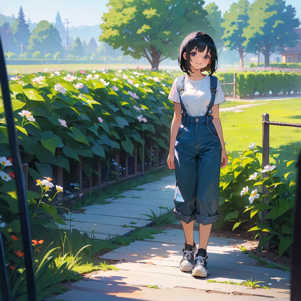 (high quality, High resolution, Very detailed, reality:1.37), Peaceful atmosphere, (Outdoor, garden), Teenage girl standing alone, (my breasts are big.), Beautiful details, Cute Smile, (Black bob hair), Short sleeve shirt, Overalls, Blue socks, sneakers.