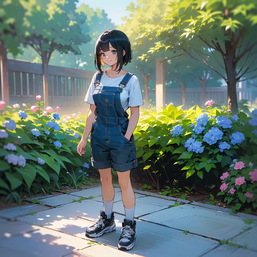 (high quality, High resolution, Very detailed, reality:1.37), Peaceful atmosphere, (Outdoor, garden),  girl standing alone, (my breasts are big.), Beautiful details, Cute Smile, (Black bob hair), Short sleeve shirt, Overalls, Blue socks, sneakers.