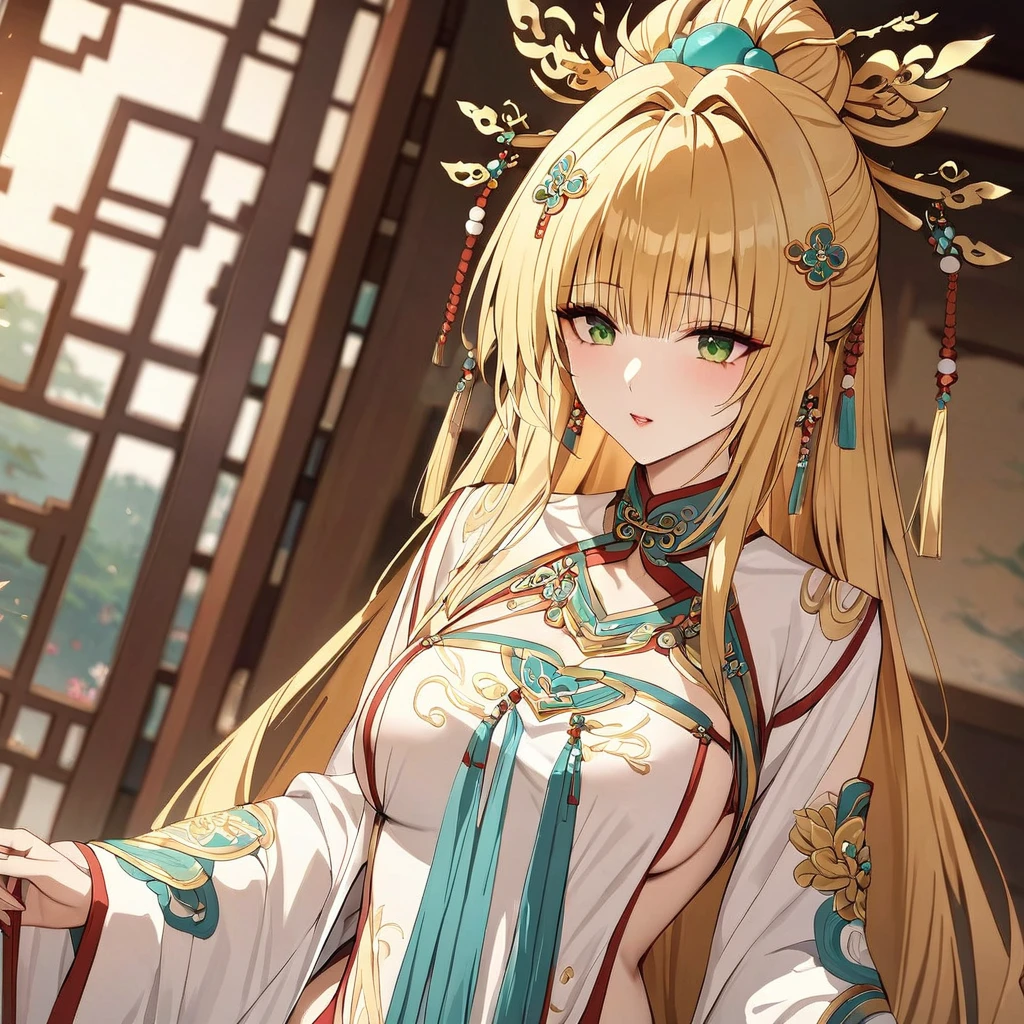 ((Highest quality)), ((masterpiece)), (detailed), （Perfect Face）、The woman is a Tieryu with green eyes, medium-long blonde hair, and is wearing a gorgeous ancient Chinese court costume embroidered with gold and red, with a gorgeous hair ornament.、The woman was an empress of ancient China.