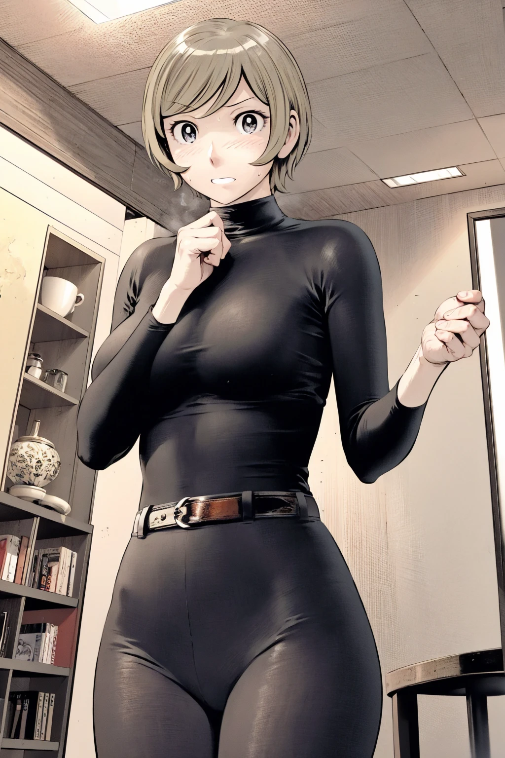 、(masterpiece、Highest quality)、Highest quality, Ultra-high resolution, (((masterpiece))), alone, Sweat、Big eyes,Tight black shirt、Tight white pants、belt、indoor、Composition from the front、（Cut the back hair short、short hair、blonde、woman）、Shortcuts、Embarrassed face、Cut your hair short、可愛いwomanの子、Big Breasts、office