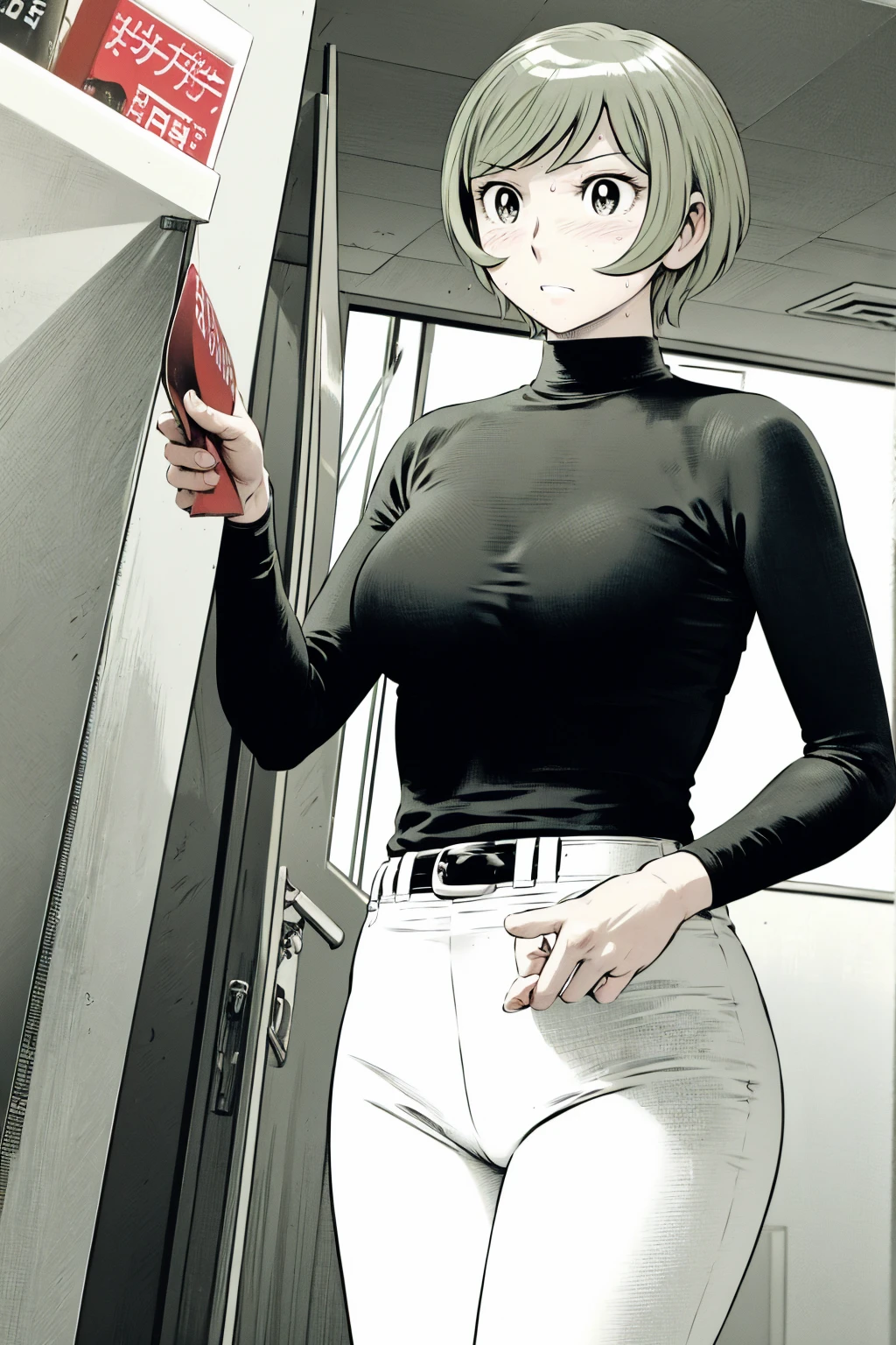 、(masterpiece、Highest quality)、Highest quality, Ultra-high resolution, (((masterpiece))), alone, Sweat、Big eyes,Tight black shirt、Tight white pants、belt、indoor、Composition from the front、(後ろCut your hair short、short hair、blonde、woman)、Shortcuts、Embarrassed face、Cut your hair short、可愛いwomanの子、Big Breasts、office