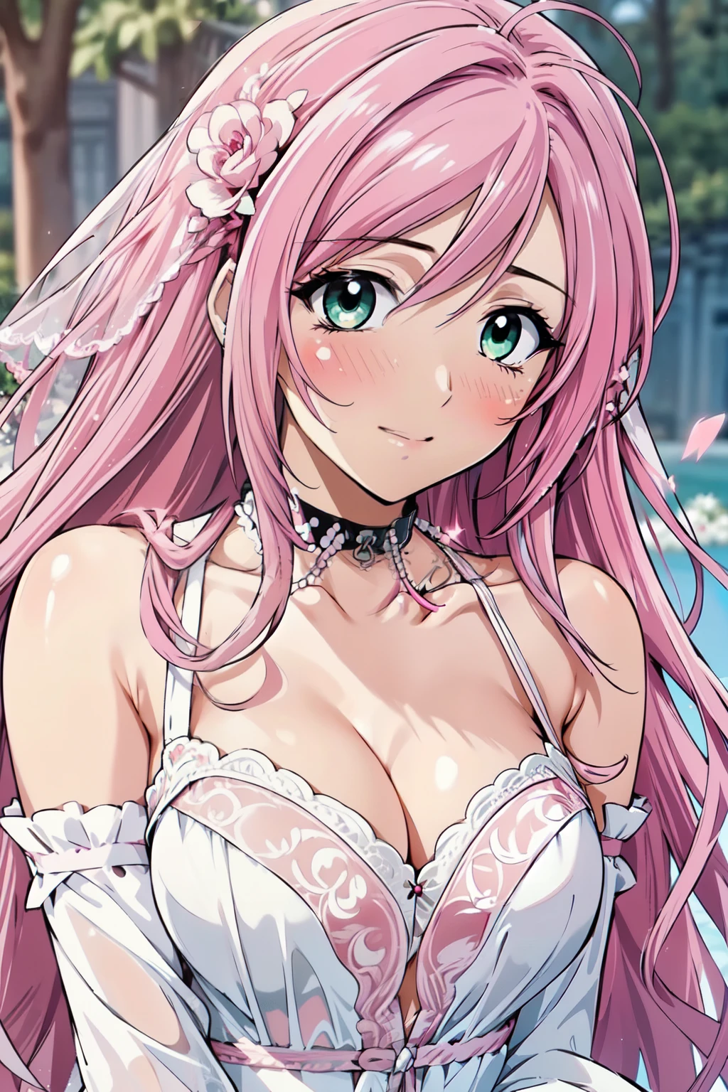 (masterpiece, best quality, beautiful and aesthetic:1.3), 1woman, mature woman,solo, light smile,  (Silver pink hair streaked red:1.4), (Gradient pink hair ends:1.6), hair strand, absurdly long hair, single sidelock, wavy hair, shiny hair, floating hair, (deep green eyes), delicate eyes, aqua eyes, super high detailed eyes, long upper eyelashes, makeup, Focus on face, Very detailed facial, Pretty Face, Perfect breasts, hot body, (Delicate skin texture:1.2), bridal veil, lace-trimmed dress, see-through, wedding dress, outdoors, white roses, garden, morning, standing, extreme detailed, 