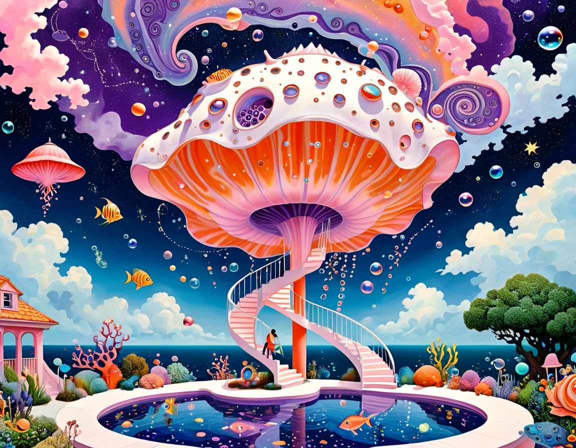 "Dick Ellescas Artist Style",3D transparent conch swimming pool in the sky,沐浴的章fish,Platform、Swimming ring、Starry Sky、cloud,fish、Tentacles、bird、Eye、Soap bubbles,diatom,Spiral Staircase,People silhouette、Stitching together an abstract painting,Describing the inner world of autistic people,Sense of space,White Space,interesting,Innocence,Psychedelic Art,Dense pointillism,Pink theme,Bold contrasts,Purple and Orange