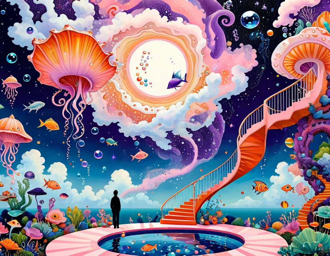 "Dick Ellescas Artist Style",3D transparent conch swimming pool in the sky,沐浴的章fish,Platform、Swimming ring、Starry Sky、cloud,fish、Tentacles、bird、Eye、Soap bubbles,diatom,Spiral Staircase,People silhouette、Stitching together an abstract painting,Describing the inner world of autistic people,Sense of space,White Space,interesting,Innocence,Psychedelic Art,Dense pointillism,Pink theme,Bold contrasts,Purple and Orange