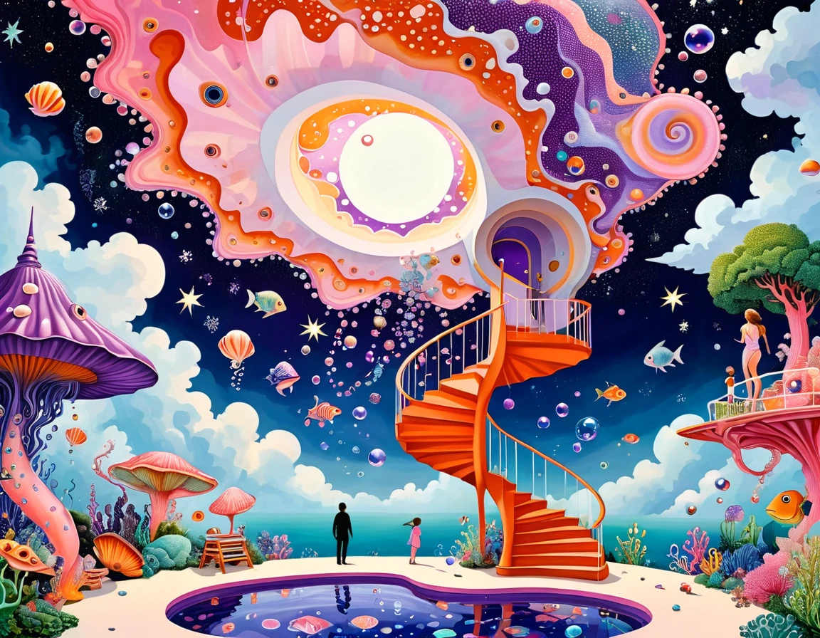 &quot;Dick Ellescas Artist Style&quot;,3D transparent conch swimming pool in the sky，沐浴的章fish，Platform、Swimming ring、Starry Sky、cloud，fish、Tentacles、bird、Eye、Soap bubbles，diatom，Spiral Staircase，People silhouette、Stitching together an abstract painting，Describing the inner world of autistic people，Sense of space，White Space，interesting，Innocence，Psychedelic Art，Dense pointillism，Pink theme，Bold contrasts，Purple and Orange