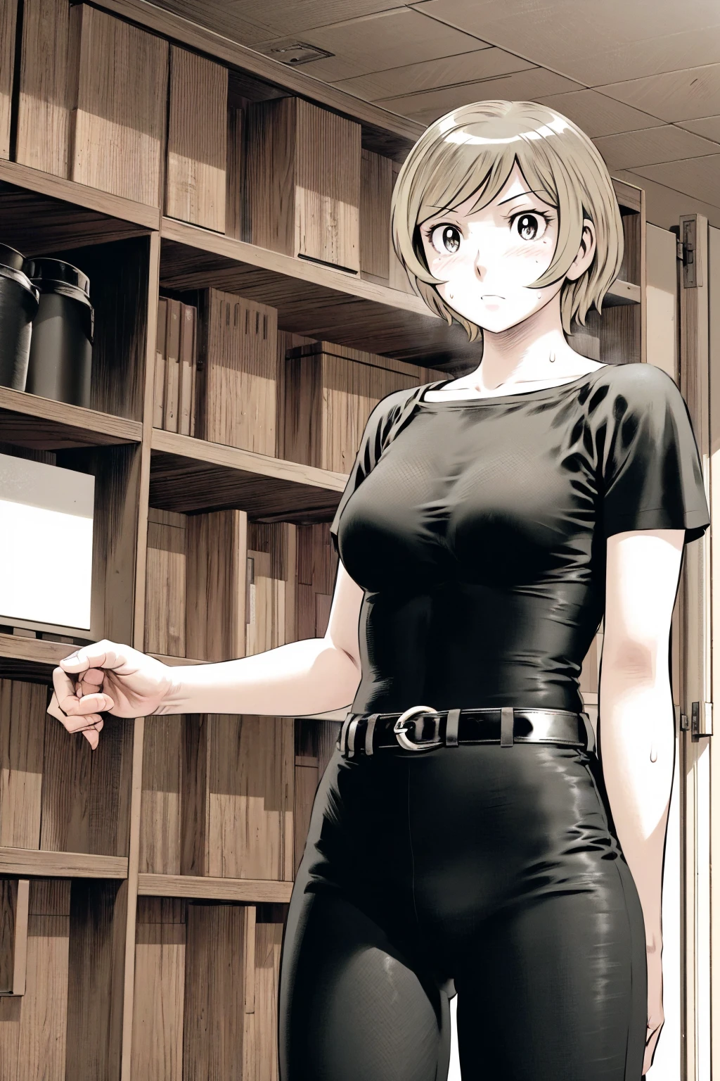 、(masterpiece、Highest quality)、Highest quality, Ultra-high resolution, (((masterpiece))), alone, Sweat、Big eyes,Tight black shirt、Tight white pants、belt、indoor、Composition from the front、(後ろCut your hair short、short hair、blonde、woman)、Shortcuts、Embarrassed face、Cut your hair short、可愛いwomanの子、Big Breasts、office