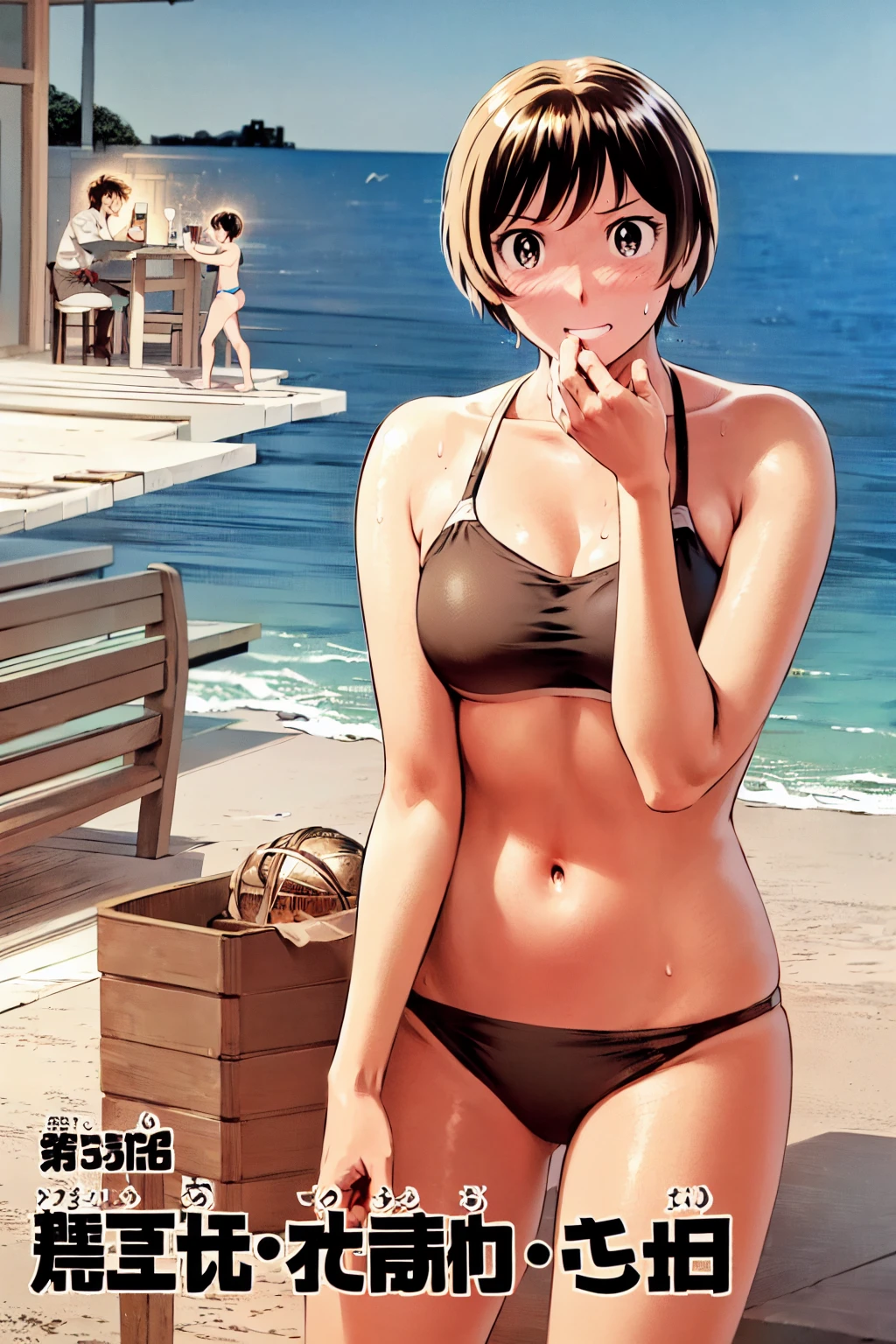 、(masterpiece、Highest quality)、Highest quality, Ultra-high resolution, (((masterpiece))), alone, Sweat、Big eyes, Composition from the front、Shortcuts、Embarrassed face、Bronze colored hair、Cut your hair short、Ocean、beach、Black Micro Bikini、belly button、short hair、(Bronze colored hair)