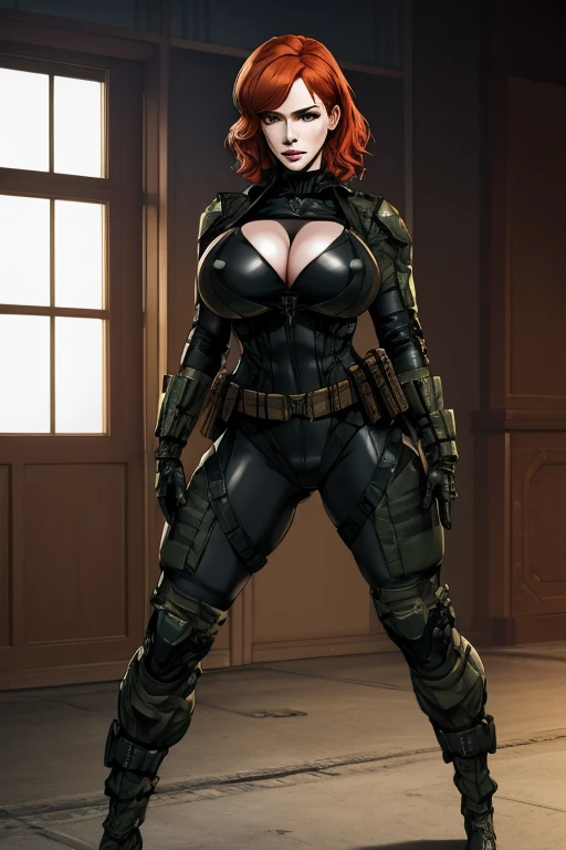 Imagine Christina Hendricks as an Metal Gear Solid character, Christina Hendricks in a stealth video game, Metal Gear Solid, Metal Gear Solid universe, designed by Yoji Shinkawa. High-quality facial research of Christina Hendricks, (Christina's sculpted cheekbones and slight wrinkles around the face), 48 years old, High-quality detailed research of Christina Hendricks voluptuous figure. Wearing Fingerless Gloves, skin-tight black leather suit, armored pieces, utility belt, metallic armlets, armored boots, high-tech eyeware. Dangerous, beautiful detailed eyes, beautiful detailed lips, long eyelashes, bold and intense gaze, glamorous,confident expression, fierce and powerful stance. Full Body shot
