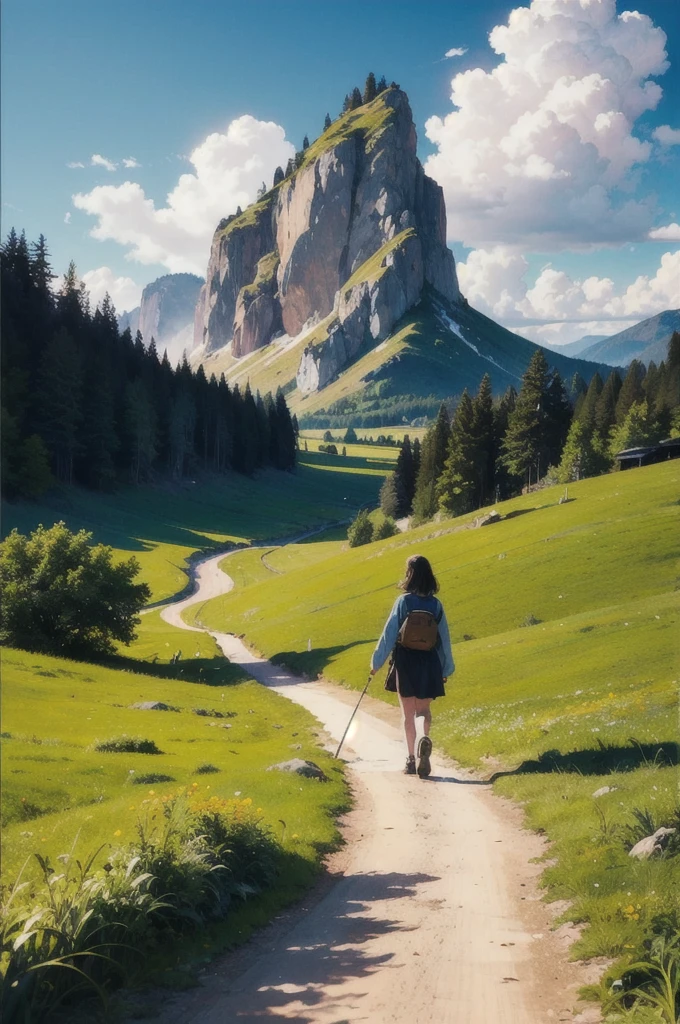 (Highest quality, masterpiece:1.2), Very detailed, Realistic:1.37, High resolution, Detailed Background, Majestic Mountain々Silhouette of a girl walking along a path that stretches to the horizon, A person stretching in the sunlight from the top of a mountain, Beautiful scenery decorated with earth tones, A hopeful and inspiring atmosphere, A gentle and heartwarming portrayal, Delicate depiction of people and emphasis on landscapes.