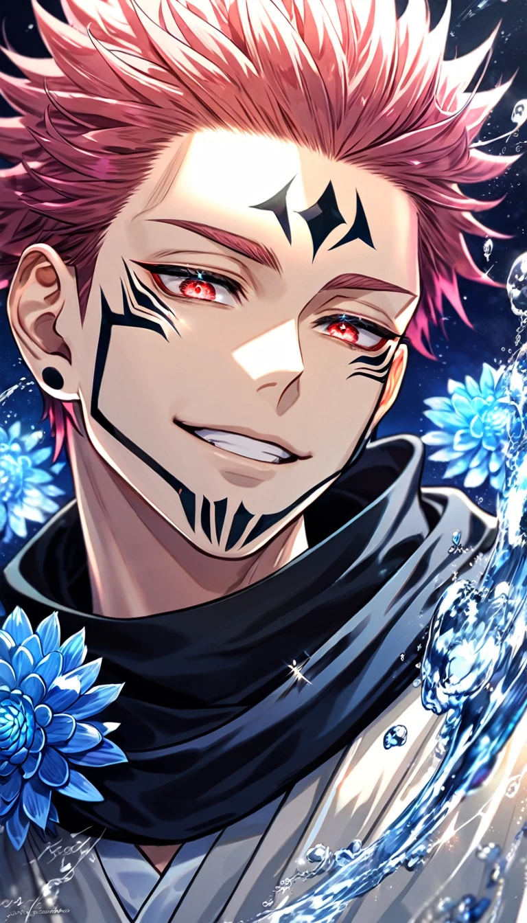 absurdres, highres, ultra detailed, HDR, master piece, best quality, extremely detailed, Ryoumen Sukuna, pink hair, expressive red eyes, Jujutsu Kaisen, solo, sexy man, handsome, handsome smile, black scarf, white kimono, fantasy, water, sparkling, blue glittering fireflies, blue moon, blue blossoms, blue chrysanthemums, blue sparkling lights, starry sky