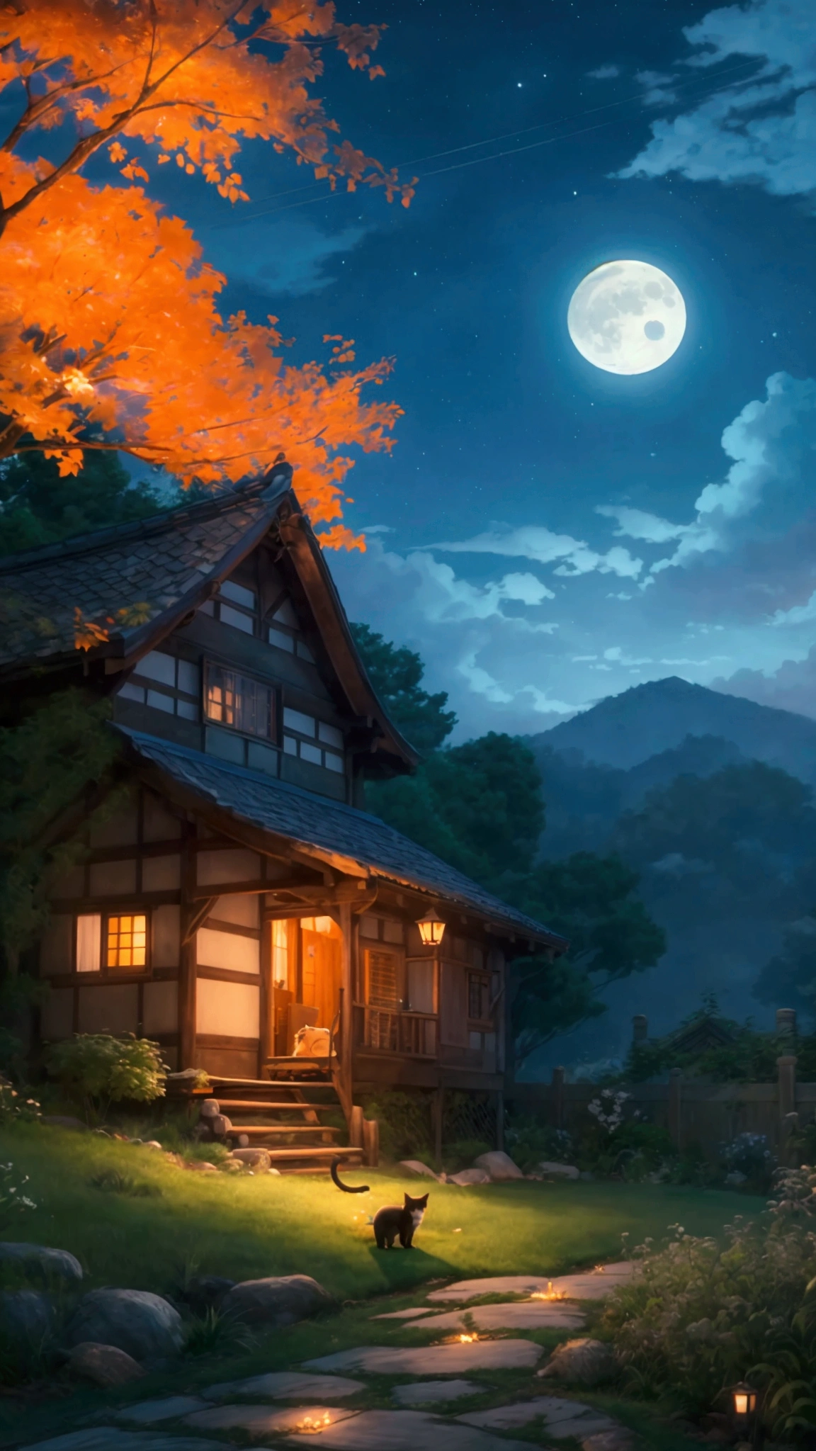 Rural landscape、Ghibli style、night、An emotional house、Sleeping scene、Calm and sleepy images、super high quality、Amazing CG、Highly detailed images。night空に輝く星々Spread、The full moon shines quietly。古いwood造の家があり、Warm orange light is coming from the window.。In front of the house there is a small garden that sways gently.、wood々The leaves are rustling in the wind。There&#39;s a cat sleeping by the window、In the garden you can see small animals asleep。The whole atmosphere is calm and、Looking at it makes me feel calm、Emotional scenery that makes you sleepy。