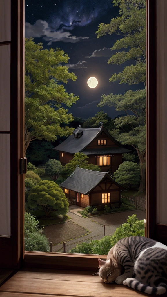 Rural landscape、Ghibli style、night、An emotional house、Sleeping scene、Calm and sleepy images、super high quality、Amazing CG、Highly detailed images。night空に輝く星々Spread、The full moon shines quietly。古いwood造の家があり、Warm orange light is coming from the window.。In front of the house there is a small garden that sways gently.、wood々The leaves are rustling in the wind。There&#39;s a cat sleeping by the window、In the garden you can see small animals asleep。The whole atmosphere is calm and、Looking at it makes me feel calm、Emotional scenery that makes you sleepy。