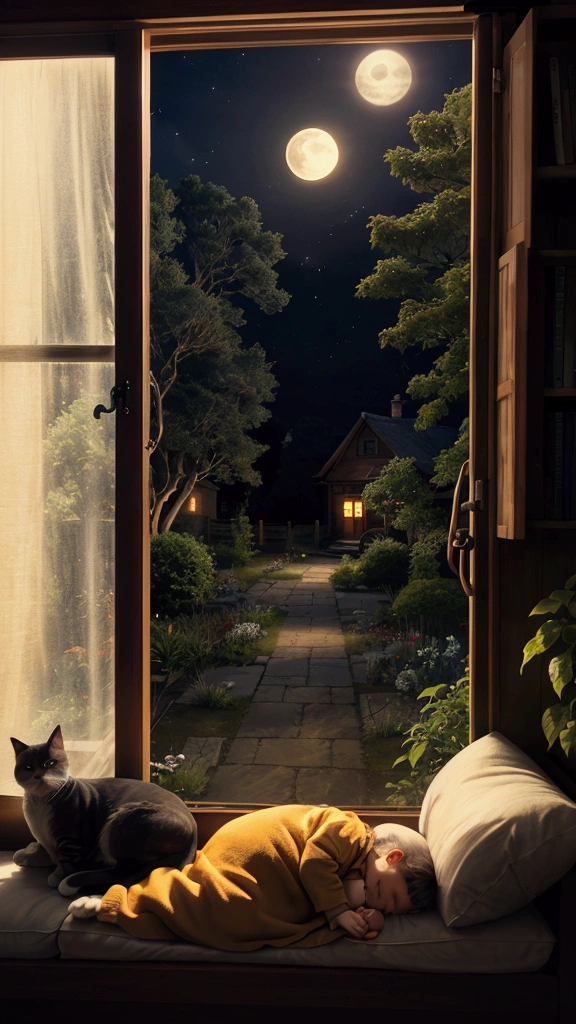 Rural landscape、Ghibli style、night、An emotional house、Sleeping scene、Calm and sleepy images、super high quality、Amazing CG、Highly detailed images。night空に輝く星々Spread、The full moon shines quietly。古いwood造の家があり、Warm orange light is coming from the window.。In front of the house there is a small garden that sways gently.、wood々The leaves are rustling in the wind。There's a cat sleeping by the window、In the garden you can see small animals asleep。The whole atmosphere is calm and、Looking at it makes me feel calm、Emotional scenery that makes you sleepy。