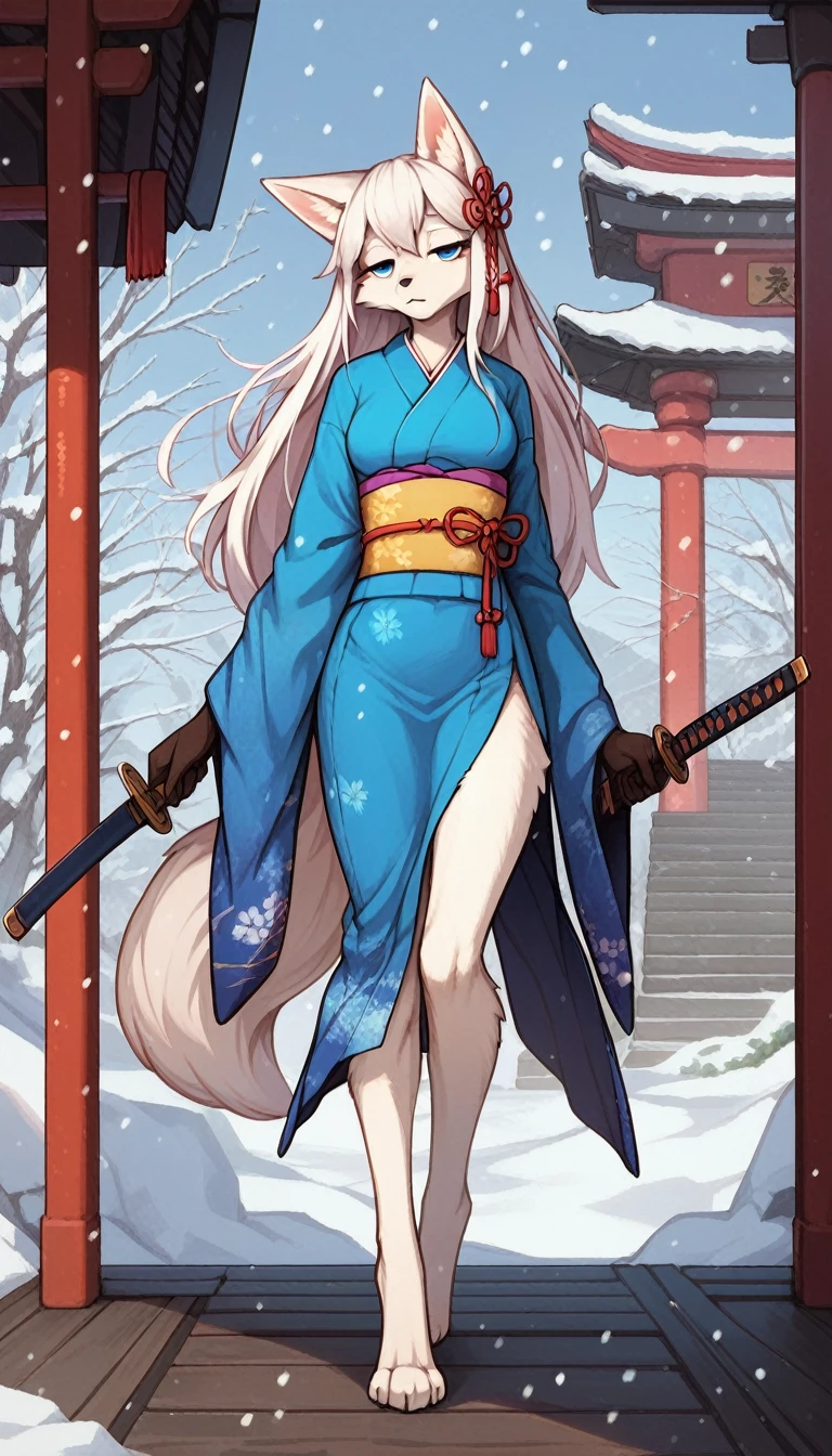 Half-closed eyes, tired expression, 1girl, anthro, furry, fur, fluffy fur, white fox girl, japanese temple background, white hair, blue eyes, long hair, full body, (19 years), medium breast, thighs, solo, (japanese temple), snow, snowing, half-closed eyes, standing, detailed, blue kimono, kimono skirt, holding her katana prepared to fight, score_9, score_8_up, score_7_up, score_6_up, score_5_up, score_4_up