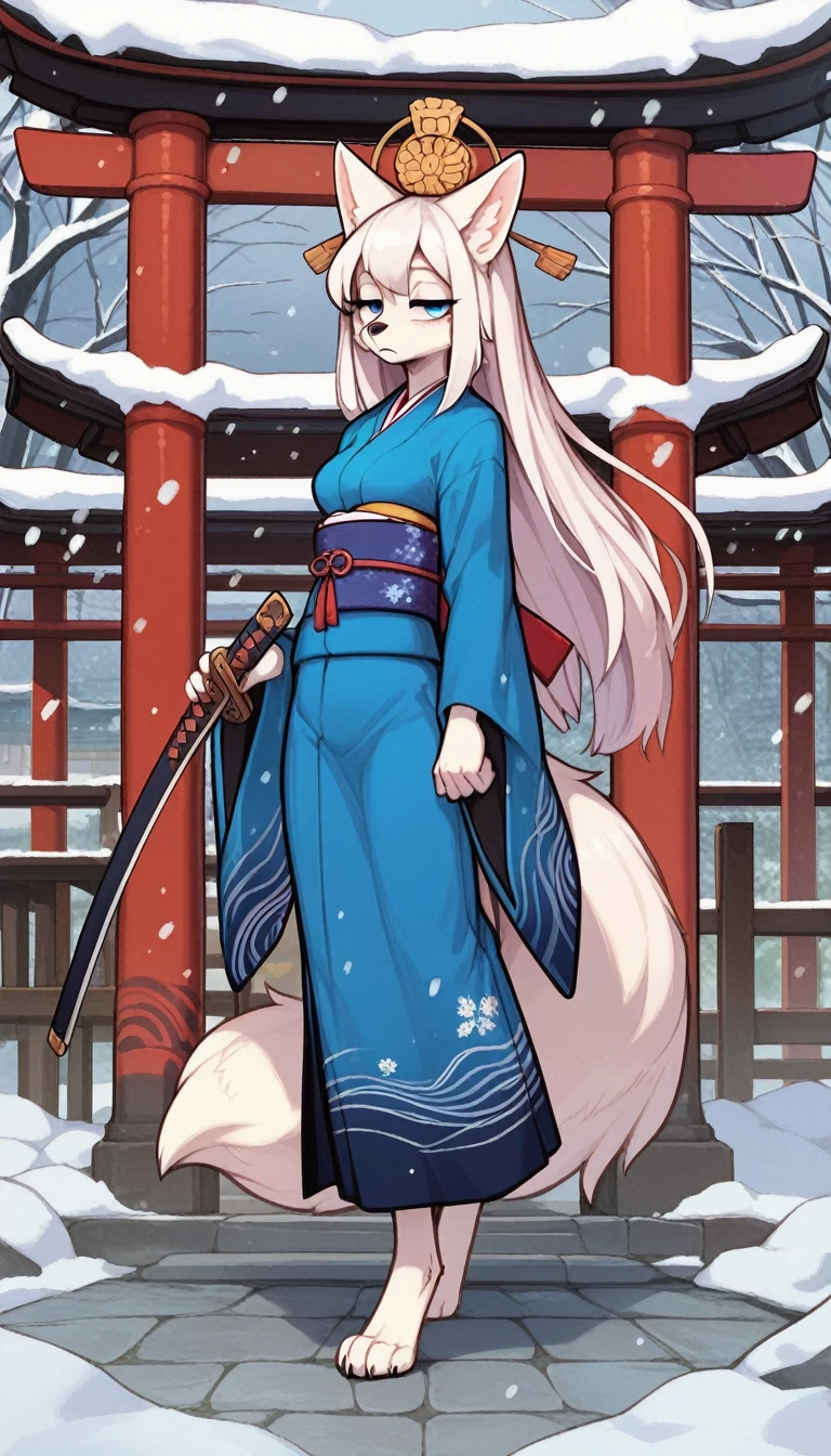 Half-closed eyes, tired expression, 1girl, anthro, furry, fur, fluffy fur, white fox girl, japanese temple background, white hair, blue eyes, long hair, full body, (19 years), medium breast, thighs, solo, (japanese temple), snow, snowing, half-closed eyes, standing, detailed, blue kimono, kimono skirt, holding her katana prepared to fight, score_9, score_8_up, score_7_up, score_6_up, score_5_up, score_4_up