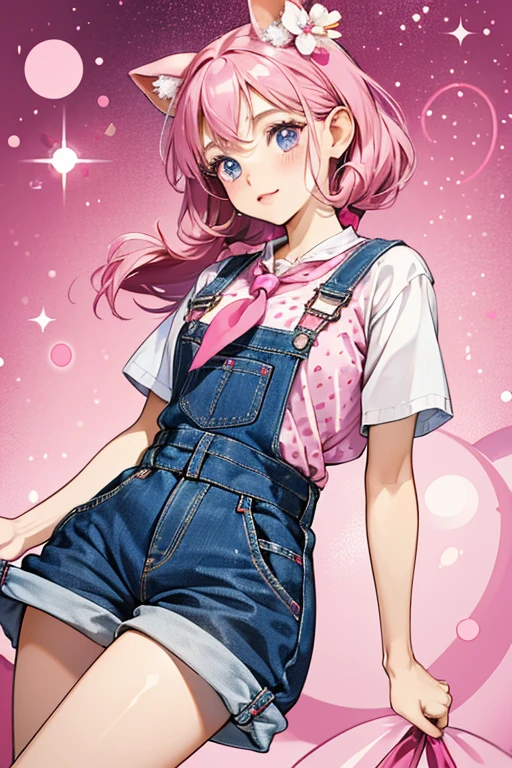 Belly is a pink pig with fuchsia cheeks and dark pink hooves and ears. She has a fuchsia bow with tiny white polka dots and a pair of dark blue denim overalls/shorts held with fuchsia buttons and decorated with white flowers. Around her neck is a red neckerchief. SPARKLE; GLITTER;