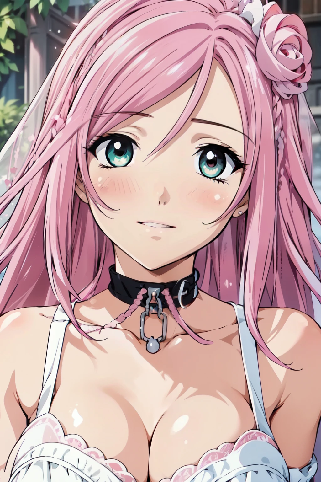 (masterpiece, best quality, beautiful and aesthetic:1.3), 1woman, mature woman,solo, light smile,  (Silver pink hair streaked red:1.4), (Gradient pink hair ends:1.6), hair strand, absurdly long hair, single sidelock, wavy hair, shiny hair, floating hair, (deep green eyes), delicate eyes, aqua eyes, super high detailed eyes, long upper eyelashes, makeup, Focus on face, Very detailed facial, Pretty Face, Perfect breasts, hot body, (Delicate skin texture:1.2), bridal veil, lace-trimmed dress, see-through, wedding dress, outdoors, white roses, garden, morning, standing, extreme detailed, 