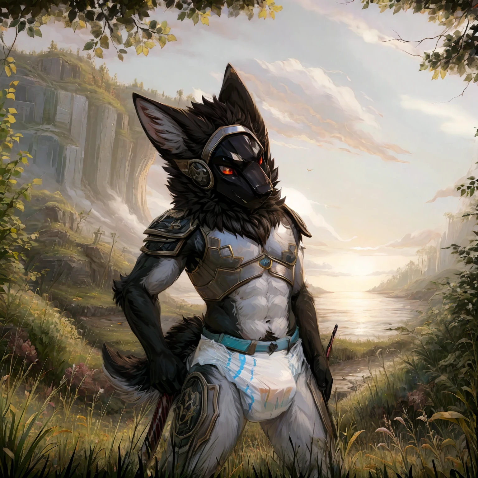 high resolution masterpiece)), ((best quality)), illustration, furry, cat, animal ears, tail, body fur, black fur, 1 boy, man, upper body, 1 boy alone, adult */ /*, red eyes *//*, black full body samurai armor, samurai helmet, looking down right, blank expression, serious look, holding a katana, night forest in the background, wearing a diaper,