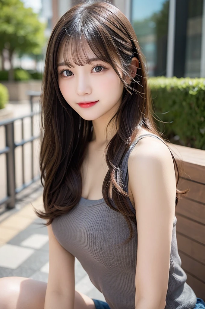 Tabletop, Highest quality, shape, Very detailed, finely, High resolution, 8k wallpaper, 完璧なダイナミックな構shape, Beautiful and exquisite, Tank top,Straight Long Hair,Small breasts, natural color, lips, Bold sexy pose,smile、20-year-old girl、cute、sexy shot looking at camera,RAW Photos,Perfect and beautiful face,Beautiful and elaborate face、Using your whole body、Striking a pose that expresses happiness..。