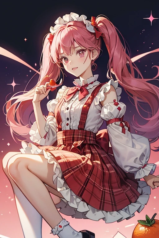 Berry Jars 'N' Jam is a fair skinned girl with carnation pink cheeks and black button eyes. Her hair is magenta with straight-cut bangs and long pigtails held by tangerine orange bows.
She wears a hot pink plaid dress with indigo trim and an indigo collar at the neckline, a three-layer ruffled skirt, and short puffed sleeves. On the torso are two scarlet red buttons. Her Mary Jane shoes are magenta with a tangerine orange bow on each shoe, worn with a pair of white socks. SPARKLE; GLITTER;