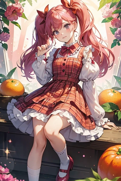 Berry Jars 'N' Jam is a fair skinned girl with carnation pink cheeks and black button eyes. Her hair is magenta with straight-cut bangs and long pigtails held by tangerine orange bows.
She wears a hot pink plaid dress with indigo trim and an indigo collar at the neckline, a three-layer ruffled skirt, and short puffed sleeves. On the torso are two scarlet red buttons. Her Mary Jane shoes are magenta with a tangerine orange bow on each shoe, worn with a pair of white socks. SPARKLE; GLITTER;