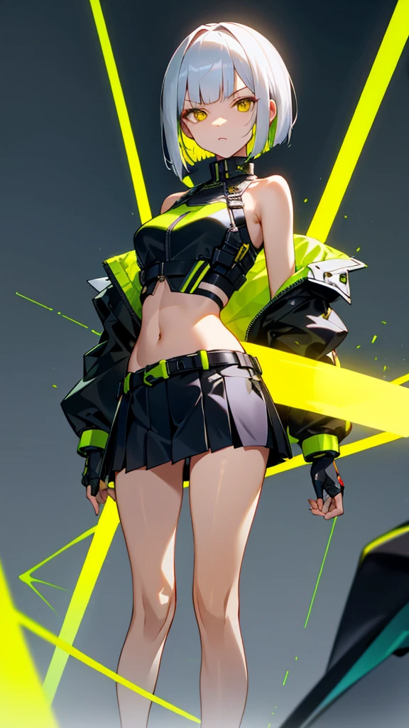 A young woman with short bob silver hair、Sharp yellow eyes、Serious expression。She is wearing a futuristic black and green jacket with bare shoulders.、It features a variety of technical elements and armor-like decorations.。She is wearing a white crop top underneath.。Her outfit includes a black pleated mini skirt with a belt and straps.。She&#39;s wearing high-tech gloves.、He has a large, sophisticated sword.。The background is minimalistic、Focus on the character&#39;s strong, confident pose。