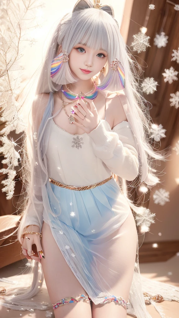 8K, masterpiece, 1 girl, Pretty Face, Very long hair, Light makeup, Delicate eyes, Delicate lips, Small bust, Winter Clothing, Rainbow Skirt, (Wearing Jewelry:1.8), (Rainbow Lace:1.4), ((Snowflakes falling:1.4)),
