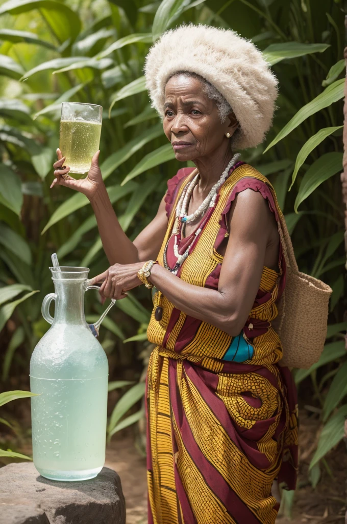 An artistic representation of Nanã Burukú, like an elderly lady in traditional African clothing, holding a staff or a jug of water. Ao fundo, elements that refer to nature and spirituality.


