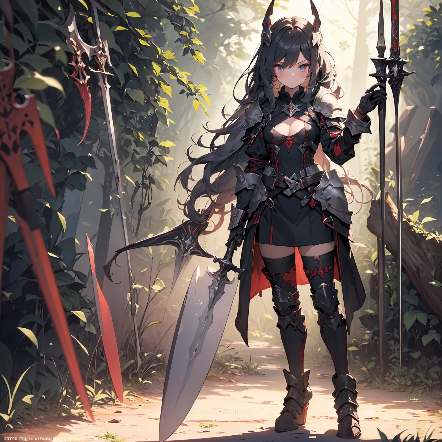 (((masterpiece, best quality, high detailed, 8k))) Design a layout showcase Gaming character, (1girl). Red|Black clothes, stylish and unique. ((showcase weapon:1.4)), enchanted sword. (masterpiece:1.2), (best quality), 4k, ultra-detailed. (Step by step design, layout art:1.5), (luminous lighting, atmospheric lighting). warrior, ((glove full hands)), (((revealing clothes:1.3))), vambraces, armored legwear, (((full_body_shot:1.4))). {In a mystical forest}.

