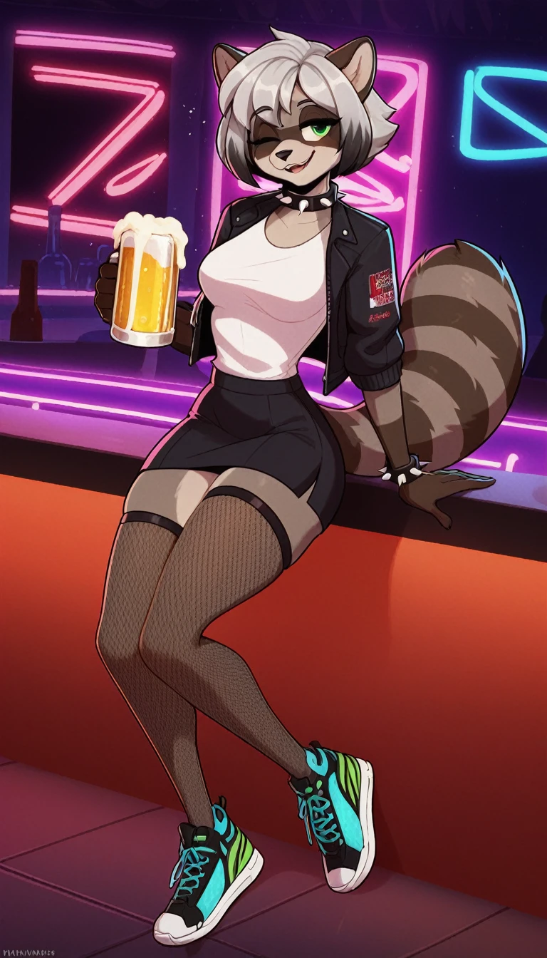 Half-closed eyes, tired expression, 1girl, anthro, furry, fur, fluffy fur, raccoon girl, nightclub background, white hair (gray highlights), green eyes, short hair, full body, (19 years), medium breast, thicc thighs, solo, (nightclub), neon lights, detailed, black jacket, white shirt, black skirt, excited smile, fishnet stockings, sport shoes, one closed eye, spiked wristband, spiked collar, drinking beer, score_9, score_8_up, score_7_up, score_6_up, score_5_up, score_4_up
