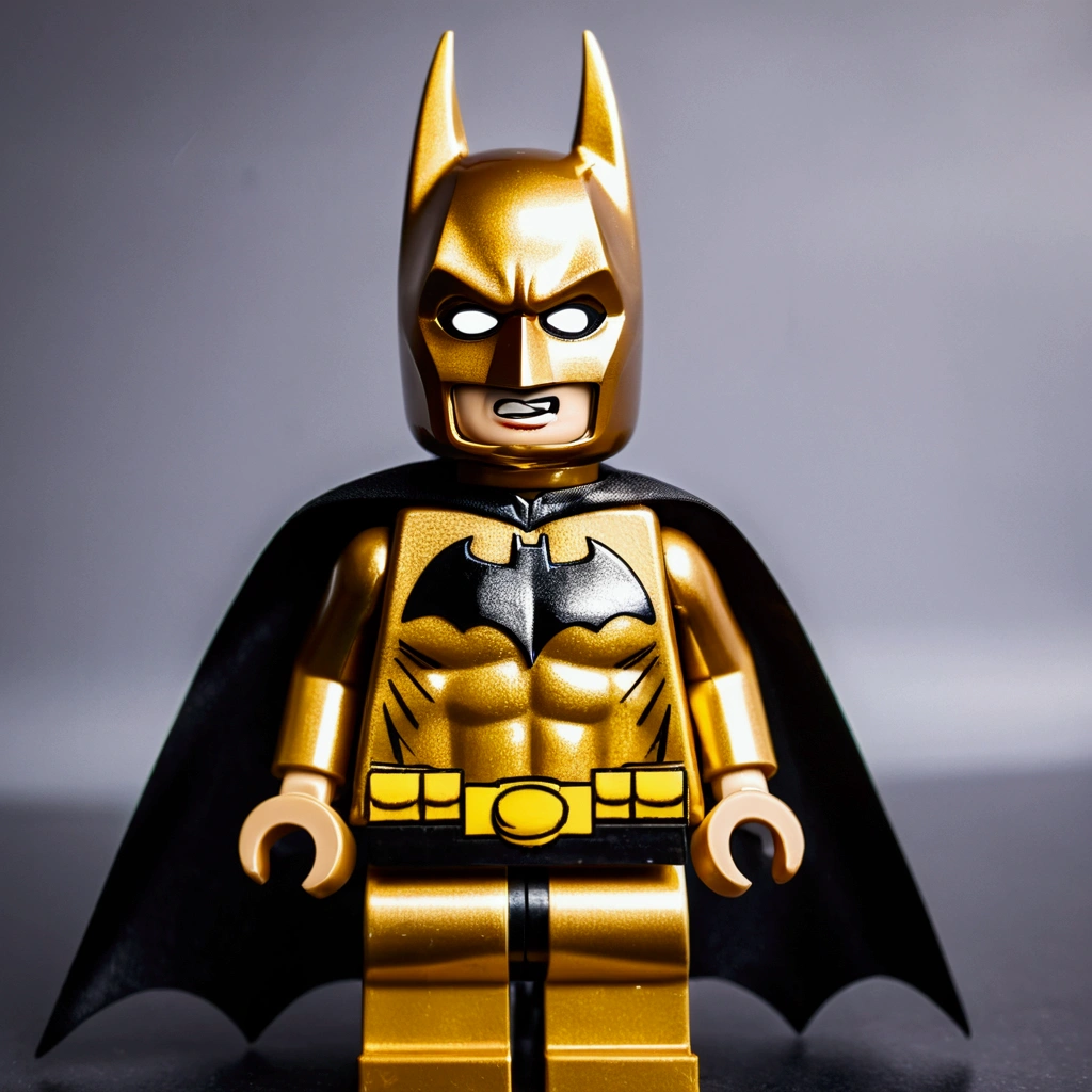 A photo of a golden lego like batman, golden toy, plastic, mini gold