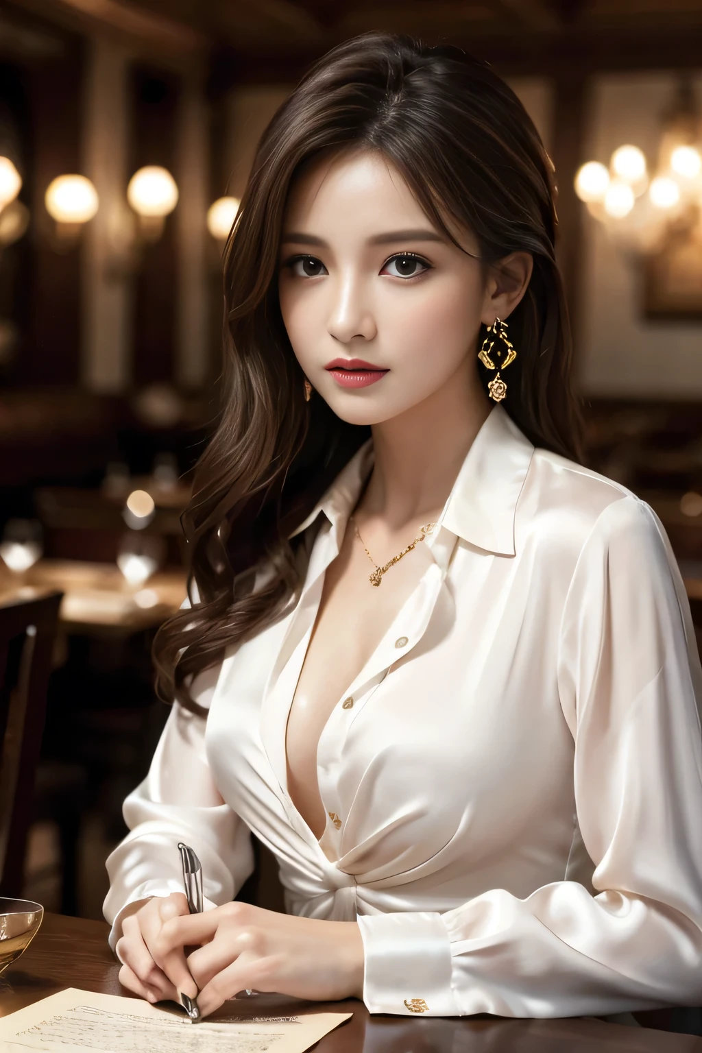 masterpiece, Highest quality, Realistic, Very detailed, Finer details, High resolution, 8k wallpaper, One beautiful woman, Wear an elegant silk shirt, In a great restaurant, At night, Light brown messy hair, Perfect dynamic composition, Beautiful and beautiful eyes、Big earrings、chest、