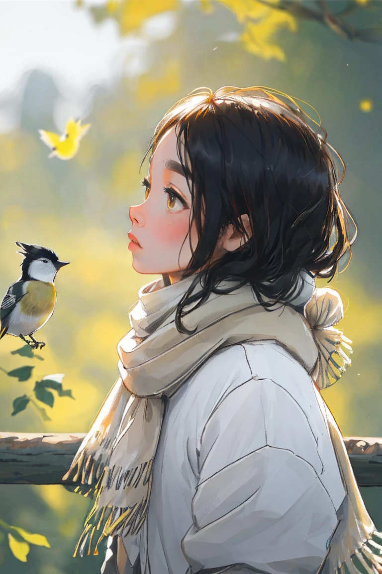 same, One girl, bird, Brown Eyes, Black Hair, Blurred, Blurred background, Midsummer, lips, long-tailed Great tit, look up, Medium Hair, profile, scarf, alone, Great tit (bird) , ((masterpiece