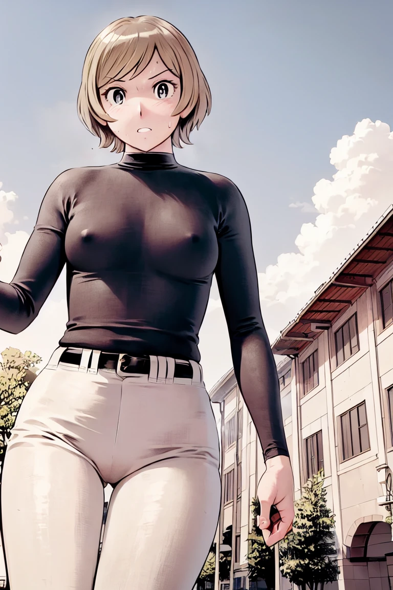 (野球uniform:1.2),
blonde, (short hair:1.2),Long sleeve, Black Shirt, turtleneck,White trousers、uniform、Black belt、((Illustration of people))、No sleeve、
View your viewers,, (Highest quality:1.3),One Girl, White pants、uniform、Outdoor、baseball ground、ground、soil、blue eyes、Tight black shirt、(masterpiece、Highest quality)、Highest quality, Ultra-high resolution, (((masterpiece))), alone, Sweat、Big eyes、Large breasts、Torn clothes、 Fully exposed、Nipples、One Girl, Front view、Embarrassed face、Bronze colored hair、((short hair))、Stand up straight、Cowboy Shot