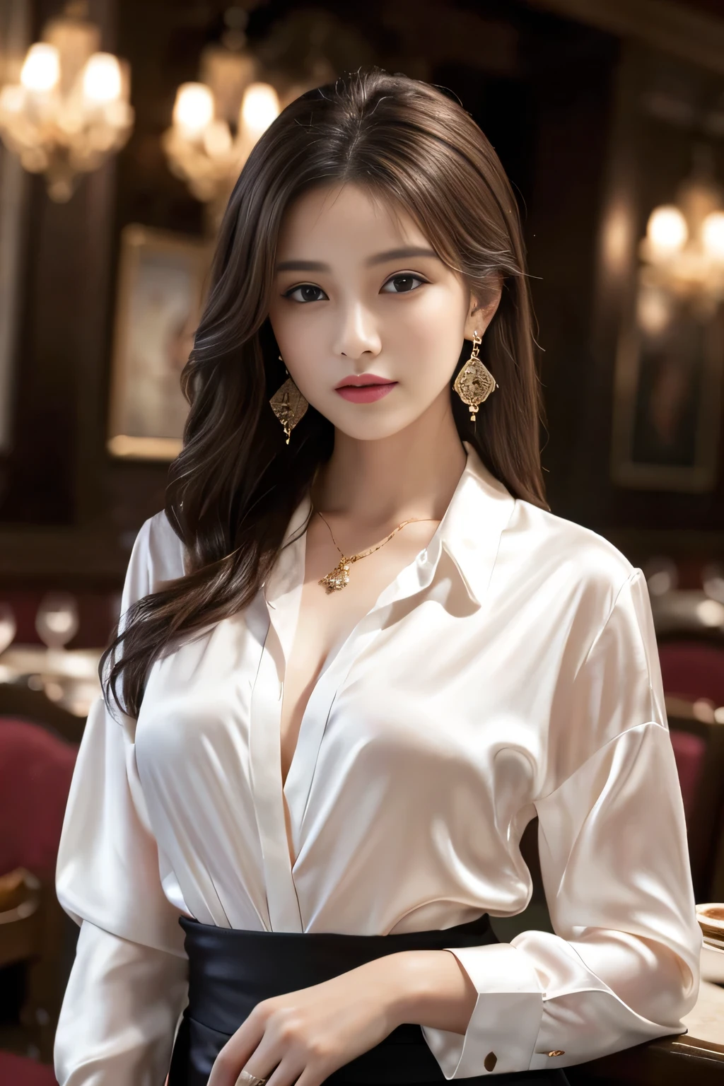 masterpiece, Highest quality, Realistic, Very detailed, Finer details, High resolution, 8k wallpaper, One beautiful woman, Wear an elegant silk shirt in a pretty color, In a great restaurant, At night, Light brown messy hair, Perfect dynamic composition, Beautiful and beautiful eyes、Big earrings、chest、Sleeveless shirt、