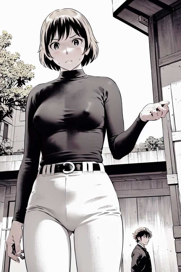 (野球uniform:1.2),
blonde, (short hair:1.2),Long sleeve, Black Shirt, turtleneck,White trousers、uniform、Black belt、((People illustrations))、big 、
View your audience,, (Highest quality:1.3),One Girl, White pants、uniform、Outdoor、baseball ground、ground、soil、blue eyes、Tight black shirt、(masterpiece、Highest quality)、Highest quality, Ultra-high resolution, (((masterpiece))), alone, Sweat、big eyes、big Breasts、Torn clothes、 Fully exposed、Nipples、One Girl, Front view、Embarrassed face、Bronze colored hair、((short hair))、Stand up straight、Cowboy Shot