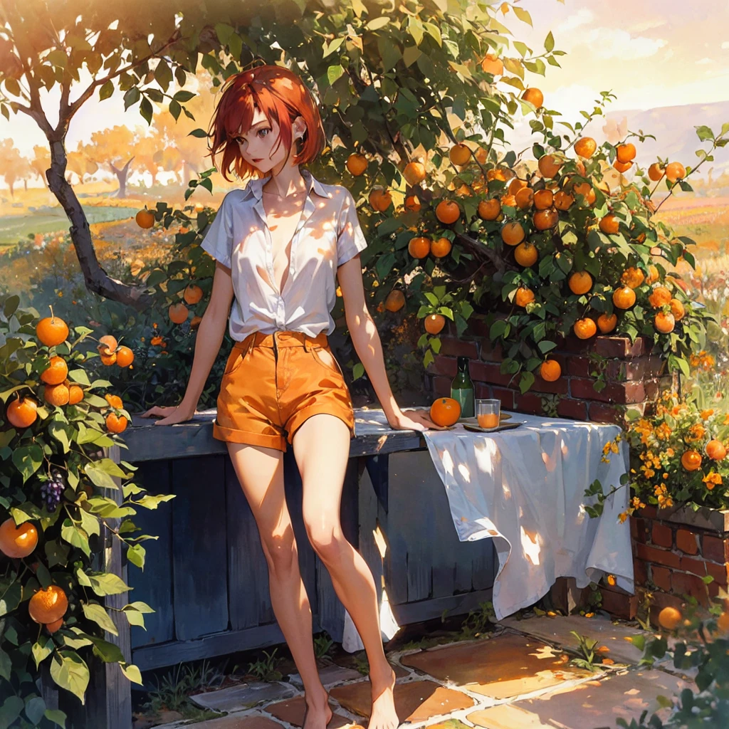 An exquisite slender tender girl of with a perfect gentle face of the southern type with red hair with freckles in the rays of the rising sun, naked with tender breasts with pink nipples, barefoot on the veranda in the garden, drinking ((coffee)) and looks at the flowers, in watercolor style, discreet light shades, Flares, imitation of film photography, against the sun, a lot of sun glare, light fills the frame, (Seaside town), (Warm evening lighting), (soft warm mint and golden shades)