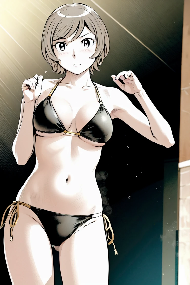 (slingshot bikini:1.2),
Blonde, (short hair:1.2),Illustration of a person、
View your viewers,, (Highest quality:1.3),One Girl, beach、Outdoor、 ground、ground、soil、blue eyeicro Bikini、(masterpiece、Highest quality)、Highest quality, Ultra-high resolution, (((masterpiece))), alone, Large breasts、One Girl, Front view、Embarrassed face、Bronze colored hair、((short hair))、Stand up straight、Cowboy Shot