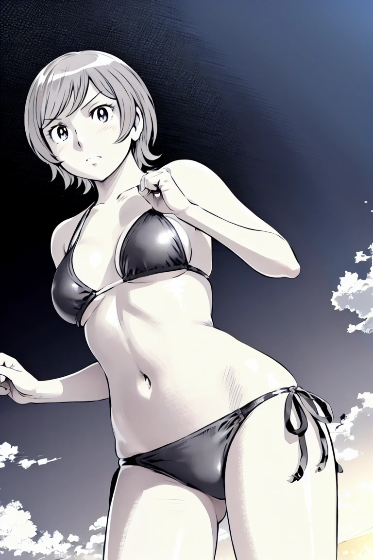(slingshot bikini:1.2),
Blonde, (short hair:1.2),Illustration of a person、
View your viewers,, (Highest quality:1.3),One Girl, beach、Outdoor、 ground、ground、soil、blue eyeicro Bikini、(masterpiece、Highest quality)、Highest quality, Ultra-high resolution, (((masterpiece))), alone, Large breasts、One Girl, Front view、Embarrassed face、Bronze colored hair、((short hair))、Stand up straight、Cowboy Shot