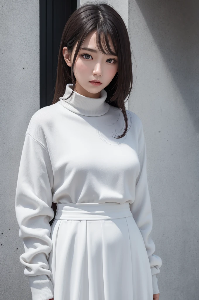 Make a woman with a cold look and white clothes look gray 