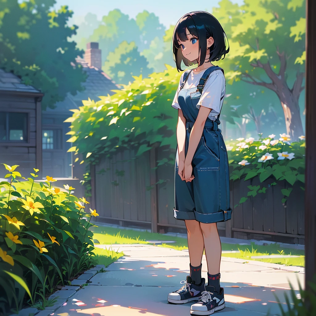 (high quality, High resolution, Very detailed, reality:1.37), Peaceful atmosphere, (Outdoor, garden), Teenage girl standing alone, (my breasts are big.), Beautiful details, Cute Smile, (Black bob hair), Short sleeve shirt, Overalls, Blue socks, sneakers.
