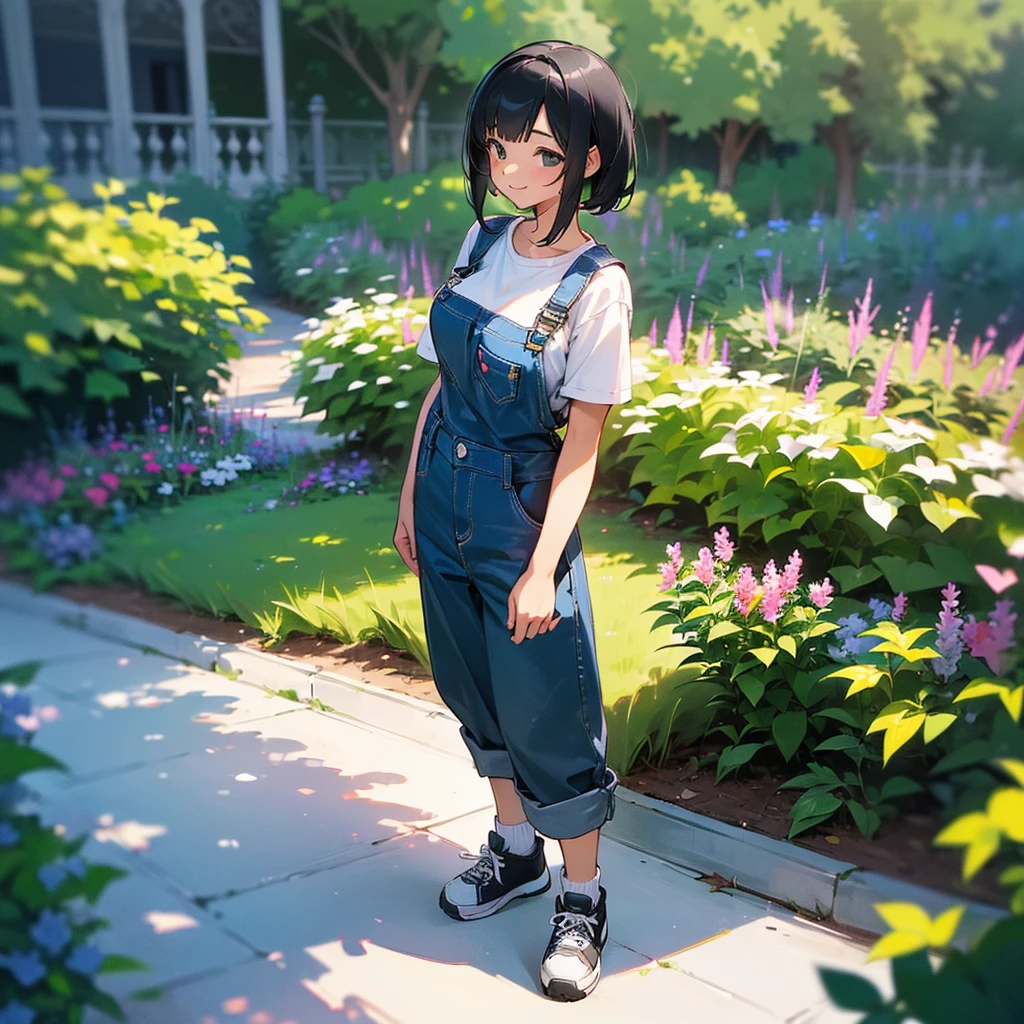 (high quality, High resolution, Very detailed, reality:1.37), Peaceful atmosphere, (Outdoor, garden), Teenage girl standing alone, (my breasts are big.), Beautiful details, Cute Smile, (Black bob hair), Short sleeve shirt, Overalls, Blue socks, sneakers.
