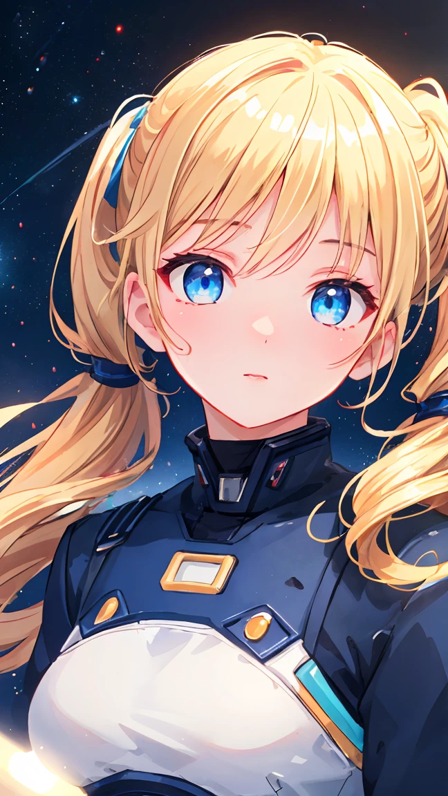 Masterpiece, beautifully detailed eyes,
stunning 4K artwork,
1 girl,
blonde hair, twin tails,
blue eyes,
ultra-realistic, (photorealistic:1.3), RAW photo, professional photography, cinematic lighting, realistic portrait, space background, floating in zero gravity,
((bokeh)), depth of field, looking towards you