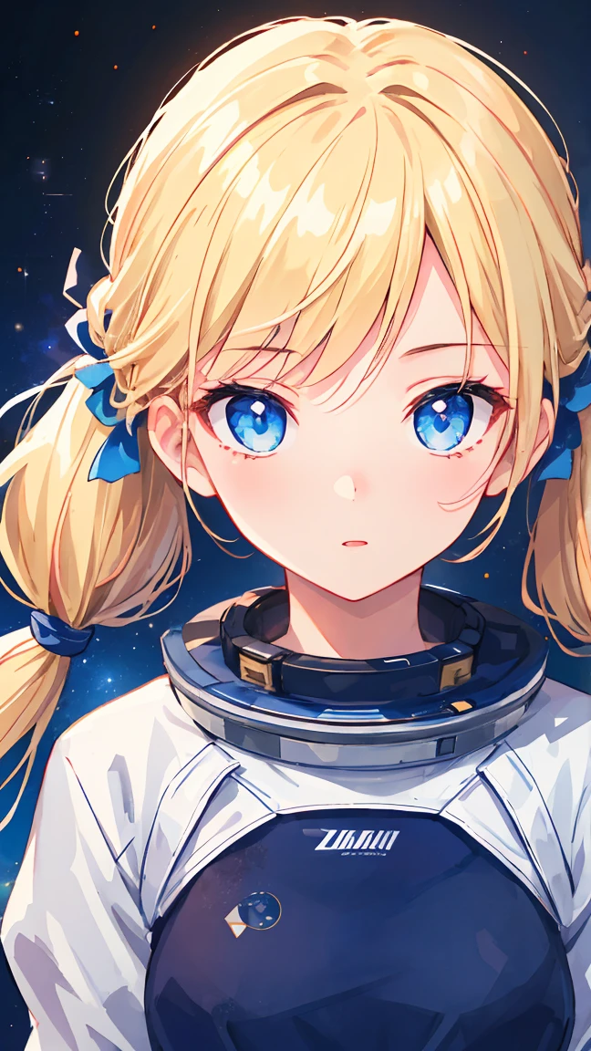 Masterpiece, beautifully detailed eyes,
stunning 4K artwork,
1 girl,
blonde hair, twin tails,
blue eyes,
ultra-realistic, (photorealistic:1.3), RAW photo, professional photography, cinematic lighting, realistic portrait, space background, floating in zero gravity,
((bokeh)), depth of field, looking towards you
